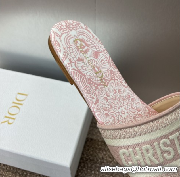 Shop Cheap Dior Dway Flat Slides Sandal in Embroidered Cotton with D-Butterfly Paisley Motif Light Pink 0425090