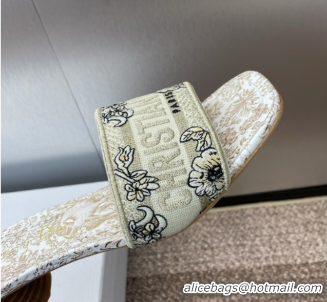 Good Quality Dior Dway Heel Slides Sandal 4.5cm in Cotton Embroidered with Metallic Thread and Gold-Tone Millefiori Unic