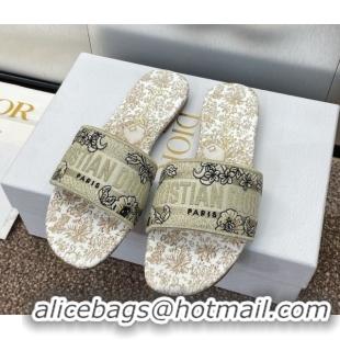 Trendy Design Dior Dway Flat Slides Sandal in Cotton Embroidered with Metallic Thread and Gold-Tone Millefiori Unicorn M