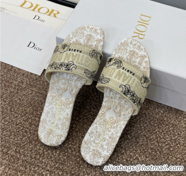 Trendy Design Dior Dway Flat Slides Sandal in Cotton Embroidered with Metallic Thread and Gold-Tone Millefiori Unicorn M