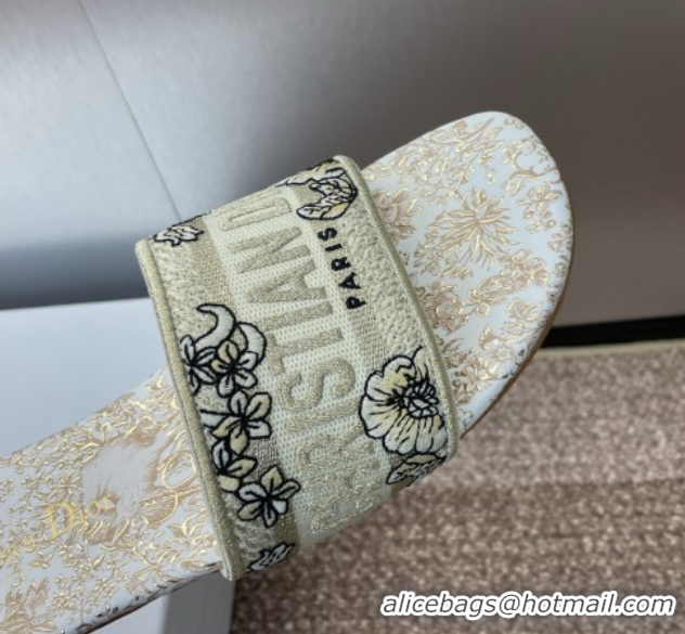 Trendy Design Dior Dway Flat Slides Sandal in Cotton Embroidered with Metallic Thread and Gold-Tone Millefiori Unicorn M