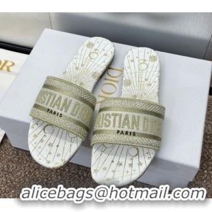Low Price Dior Dway Flat Slides Sandal in Embroidered Cotton Gold-Tone 0425094