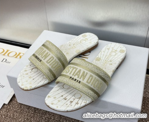 Low Price Dior Dway Flat Slides Sandal in Embroidered Cotton Gold-Tone 0425094