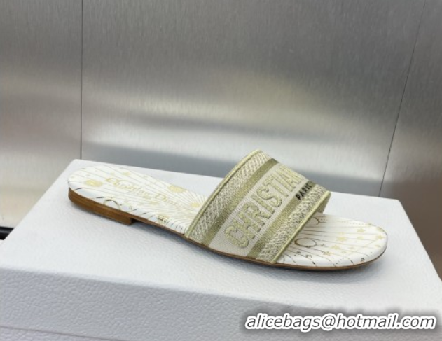 Low Price Dior Dway Flat Slides Sandal in Embroidered Cotton Gold-Tone 0425094