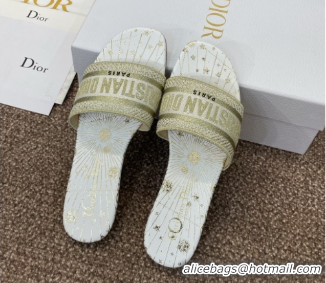 Low Price Dior Dway Flat Slides Sandal in Embroidered Cotton Gold-Tone 0425094