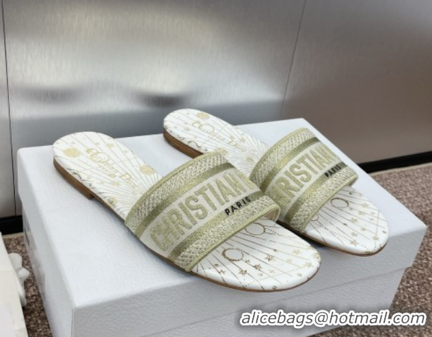 Low Price Dior Dway Flat Slides Sandal in Embroidered Cotton Gold-Tone 0425094