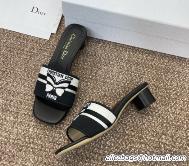 Purchase Dior Dway Heel Slides Sandal 4.5cm in Black and White Cotton Embroidered with Christian Dior Papillon Motif 042