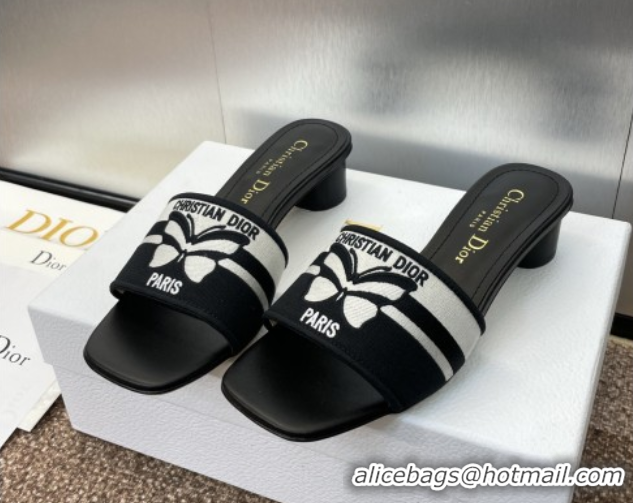 Purchase Dior Dway Heel Slides Sandal 4.5cm in Black and White Cotton Embroidered with Christian Dior Papillon Motif 042
