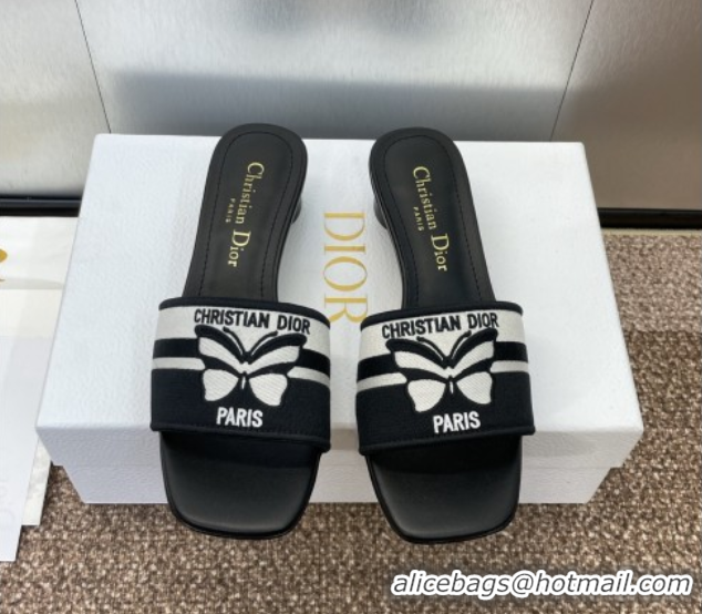 Purchase Dior Dway Heel Slides Sandal 4.5cm in Black and White Cotton Embroidered with Christian Dior Papillon Motif 042