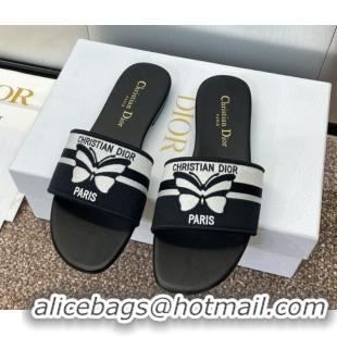 Best Price Dior Dway Flat Slides Sandal in Black and White Cotton Embroidered with Christian Dior Papillon Motif 0425096