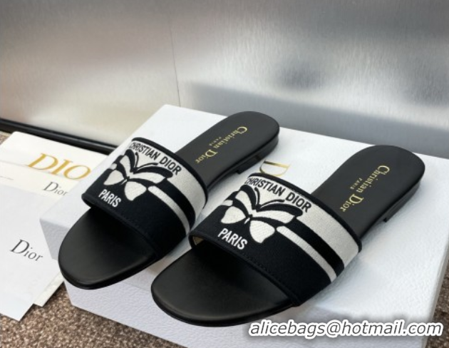 Best Price Dior Dway Flat Slides Sandal in Black and White Cotton Embroidered with Christian Dior Papillon Motif 0425096