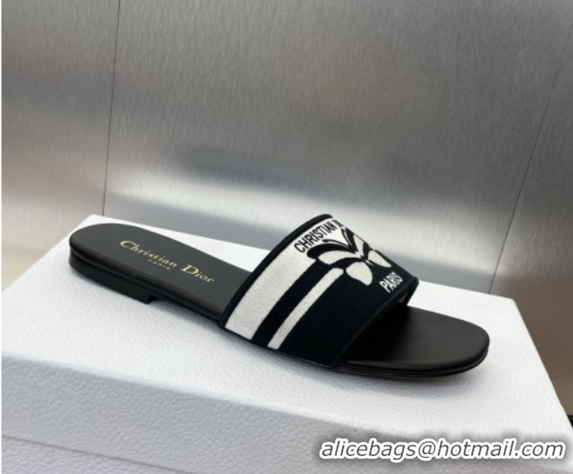 Best Price Dior Dway Flat Slides Sandal in Black and White Cotton Embroidered with Christian Dior Papillon Motif 0425096