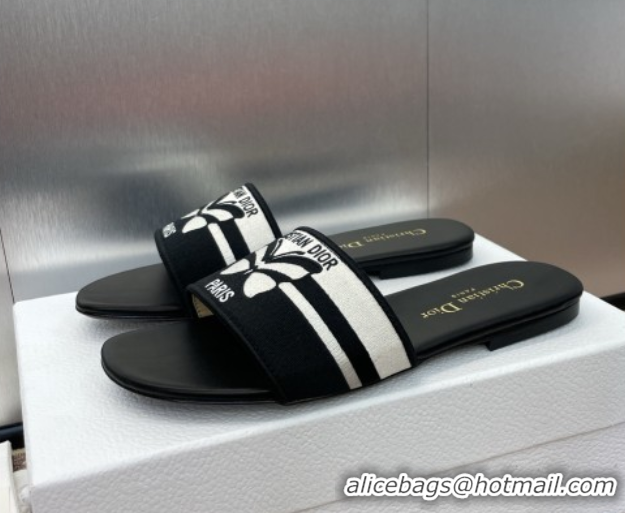 Best Price Dior Dway Flat Slides Sandal in Black and White Cotton Embroidered with Christian Dior Papillon Motif 0425096