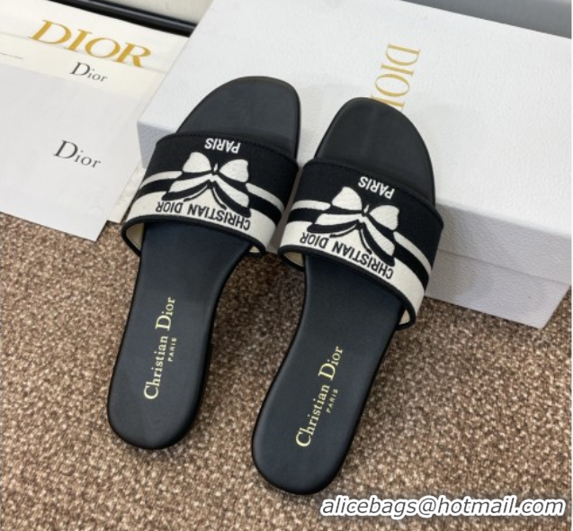 Best Price Dior Dway Flat Slides Sandal in Black and White Cotton Embroidered with Christian Dior Papillon Motif 0425096