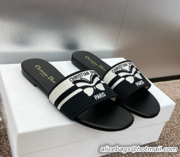 Best Price Dior Dway Flat Slides Sandal in Black and White Cotton Embroidered with Christian Dior Papillon Motif 0425096