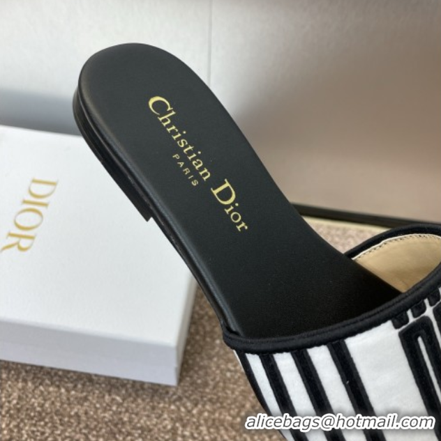 Grade Quality Dior Dway Flat Slides Sandal in Black and White Cotton Embroidered with Dior Graphique Motif 0425098