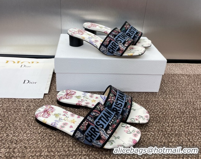 Best Grade Dior Dway Heel Slides Sandal 4.5cm in White and Blue Cotton with Amour 1947 Embroidery 0425099