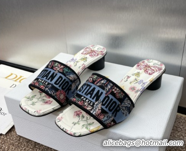 Best Grade Dior Dway Heel Slides Sandal 4.5cm in White and Blue Cotton with Amour 1947 Embroidery 0425099