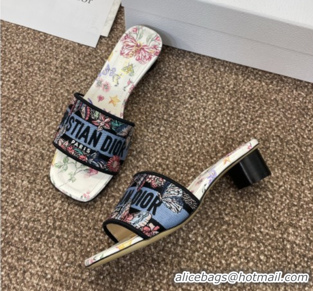Best Grade Dior Dway Heel Slides Sandal 4.5cm in White and Blue Cotton with Amour 1947 Embroidery 0425099