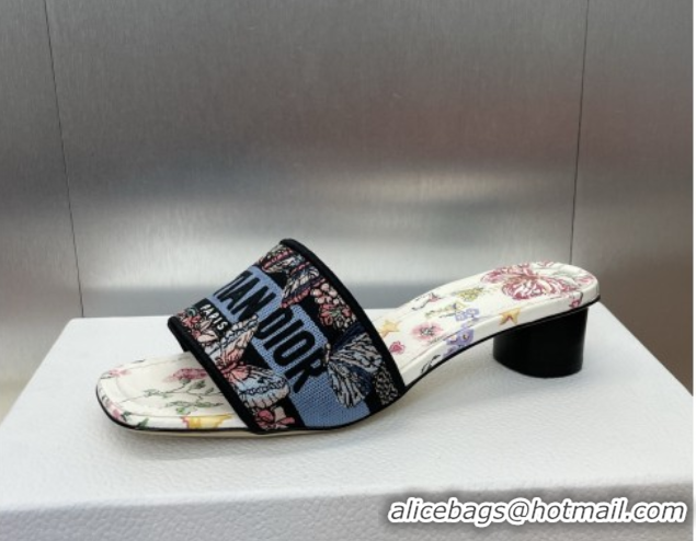 Best Grade Dior Dway Heel Slides Sandal 4.5cm in White and Blue Cotton with Amour 1947 Embroidery 0425099