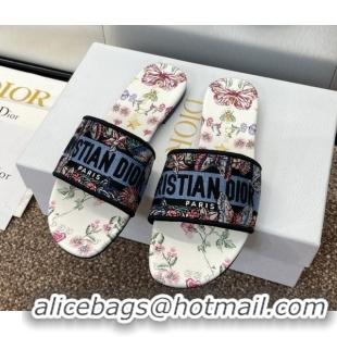 Most Popular Dior Dway Flat Slides Sandal in White and Blue Cotton with Amour 1947 Embroidery 0425100