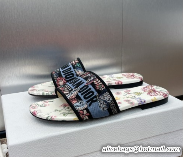 Most Popular Dior Dway Flat Slides Sandal in White and Blue Cotton with Amour 1947 Embroidery 0425100