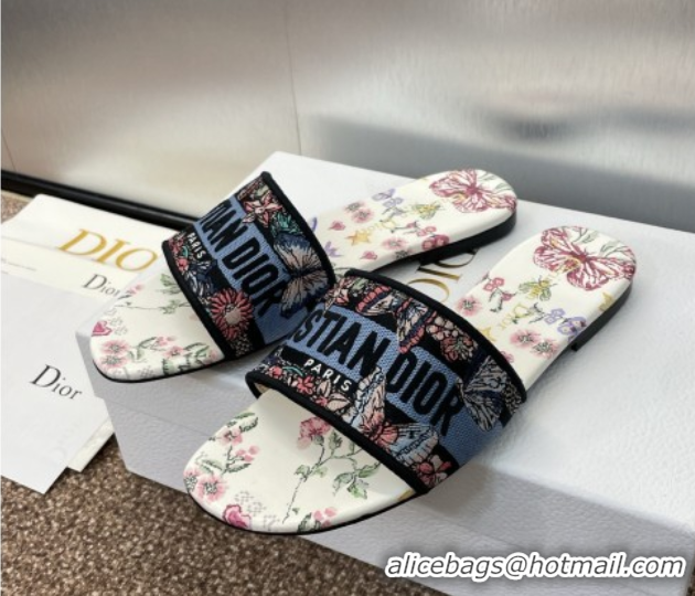 Most Popular Dior Dway Flat Slides Sandal in White and Blue Cotton with Amour 1947 Embroidery 0425100