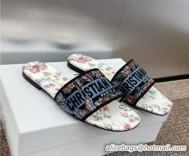 Most Popular Dior Dway Flat Slides Sandal in White and Blue Cotton with Amour 1947 Embroidery 0425100