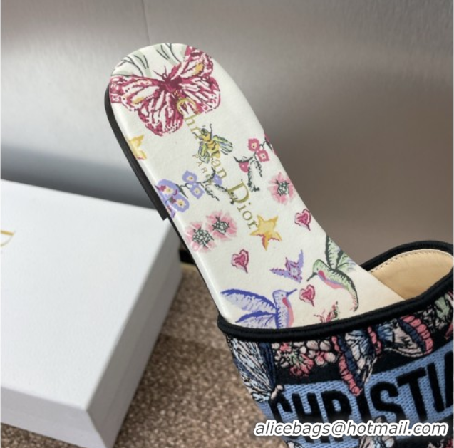 Most Popular Dior Dway Flat Slides Sandal in White and Blue Cotton with Amour 1947 Embroidery 0425100