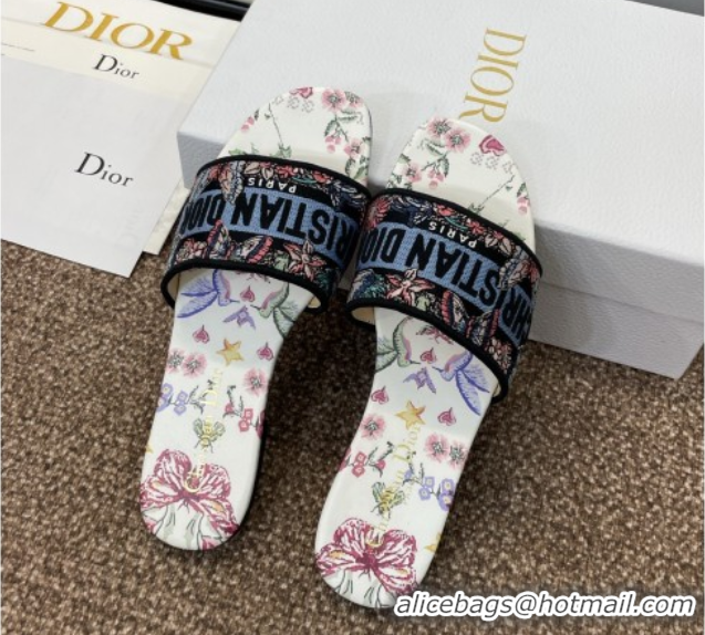 Most Popular Dior Dway Flat Slides Sandal in White and Blue Cotton with Amour 1947 Embroidery 0425100
