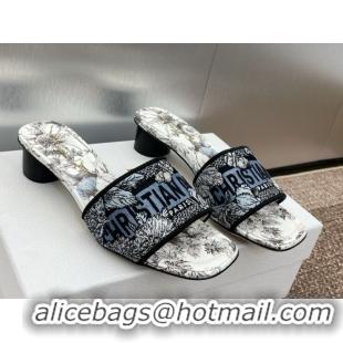 Good Quality Dior Dway Heel Slides Sandal 4.5cm in Embroidered Cotton White/Blue 0425101