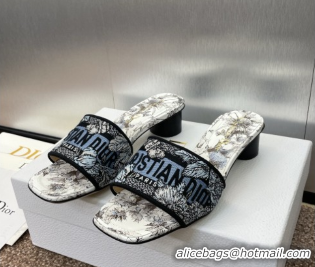 Good Quality Dior Dway Heel Slides Sandal 4.5cm in Embroidered Cotton White/Blue 0425101