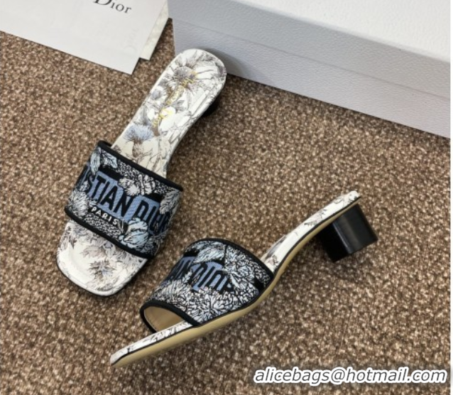 Good Quality Dior Dway Heel Slides Sandal 4.5cm in Embroidered Cotton White/Blue 0425101