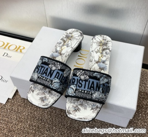 Good Quality Dior Dway Heel Slides Sandal 4.5cm in Embroidered Cotton White/Blue 0425101