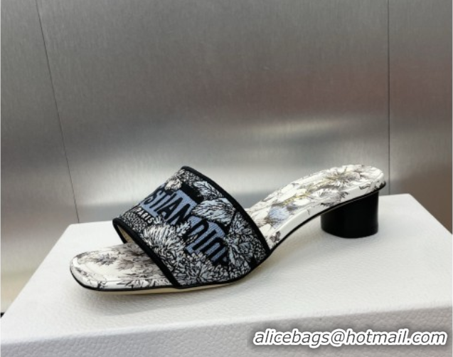 Good Quality Dior Dway Heel Slides Sandal 4.5cm in Embroidered Cotton White/Blue 0425101