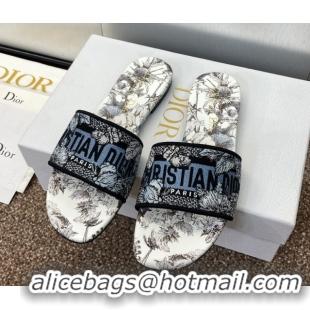 Sophisticated Dior Dway Flat Slides Sandal in Embroidered Cotton White/Blue 0425102
