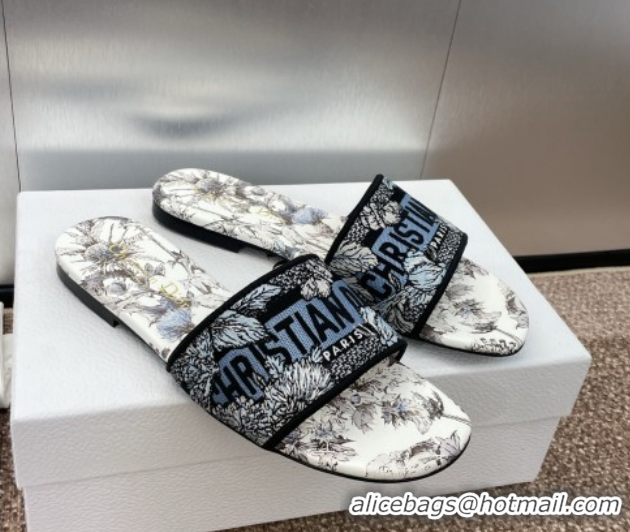 Sophisticated Dior Dway Flat Slides Sandal in Embroidered Cotton White/Blue 0425102