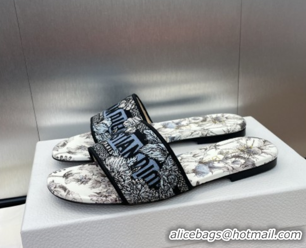 Sophisticated Dior Dway Flat Slides Sandal in Embroidered Cotton White/Blue 0425102