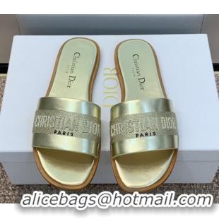 Lower Price Dior Dway Flat Slides Sandal in Calfskin and Embroidered Cotton Gold-Tone 0425103