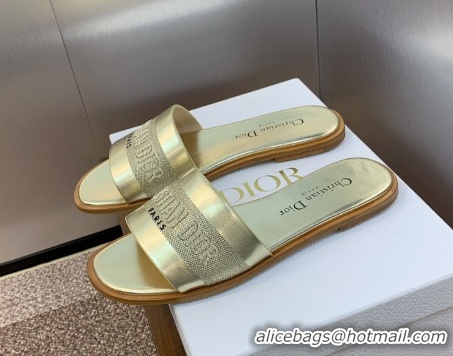 Lower Price Dior Dway Flat Slides Sandal in Calfskin and Embroidered Cotton Gold-Tone 0425103