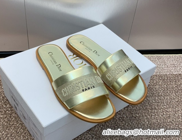 Lower Price Dior Dway Flat Slides Sandal in Calfskin and Embroidered Cotton Gold-Tone 0425103