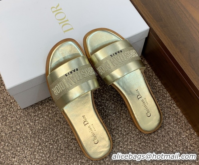 Lower Price Dior Dway Flat Slides Sandal in Calfskin and Embroidered Cotton Gold-Tone 0425103