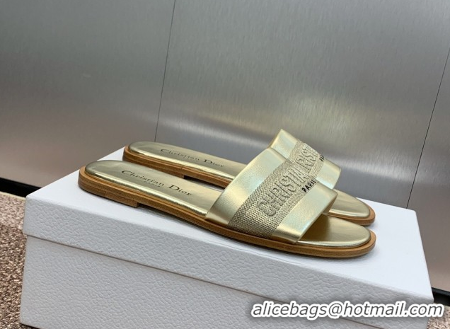 Lower Price Dior Dway Flat Slides Sandal in Calfskin and Embroidered Cotton Gold-Tone 0425103