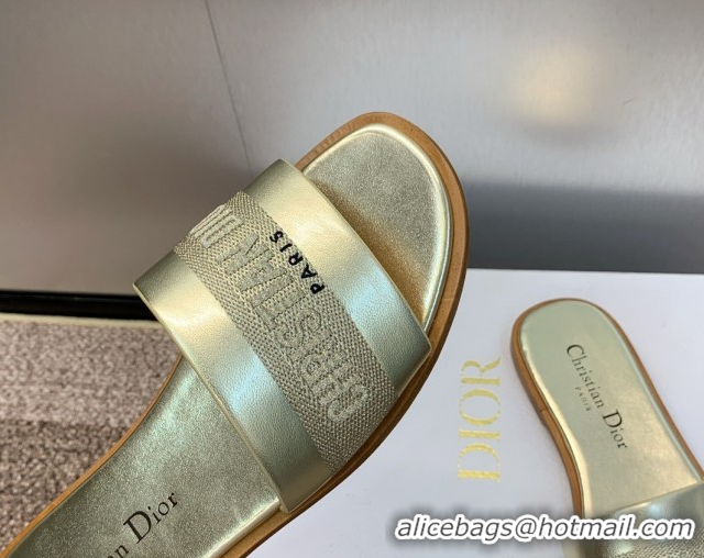 Lower Price Dior Dway Flat Slides Sandal in Calfskin and Embroidered Cotton Gold-Tone 0425103