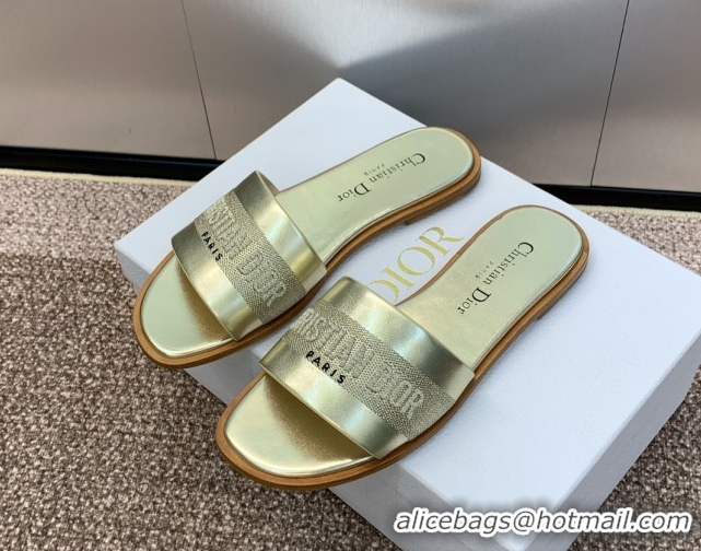 Lower Price Dior Dway Flat Slides Sandal in Calfskin and Embroidered Cotton Gold-Tone 0425103