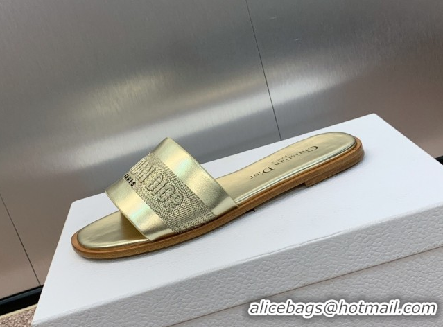 Lower Price Dior Dway Flat Slides Sandal in Calfskin and Embroidered Cotton Gold-Tone 0425103