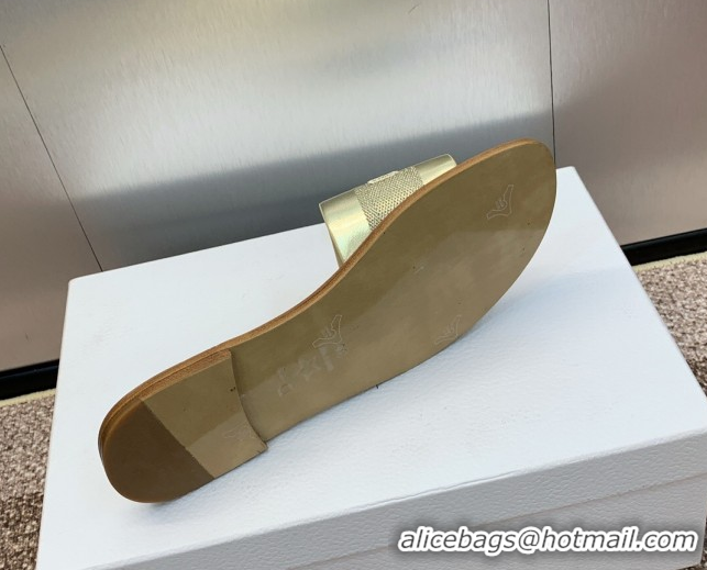 Lower Price Dior Dway Flat Slides Sandal in Calfskin and Embroidered Cotton Gold-Tone 0425103