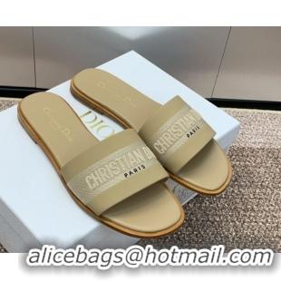 Best Grade Dior Dway Flat Slides Sandal in Calfskin and Embroidered Cotton Beige 0425106