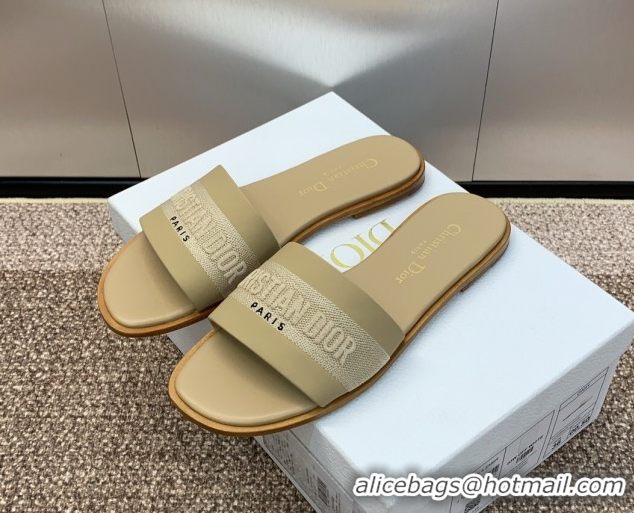 Best Grade Dior Dway Flat Slides Sandal in Calfskin and Embroidered Cotton Beige 0425106