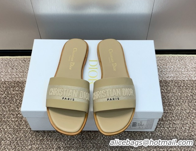 Best Grade Dior Dway Flat Slides Sandal in Calfskin and Embroidered Cotton Beige 0425106